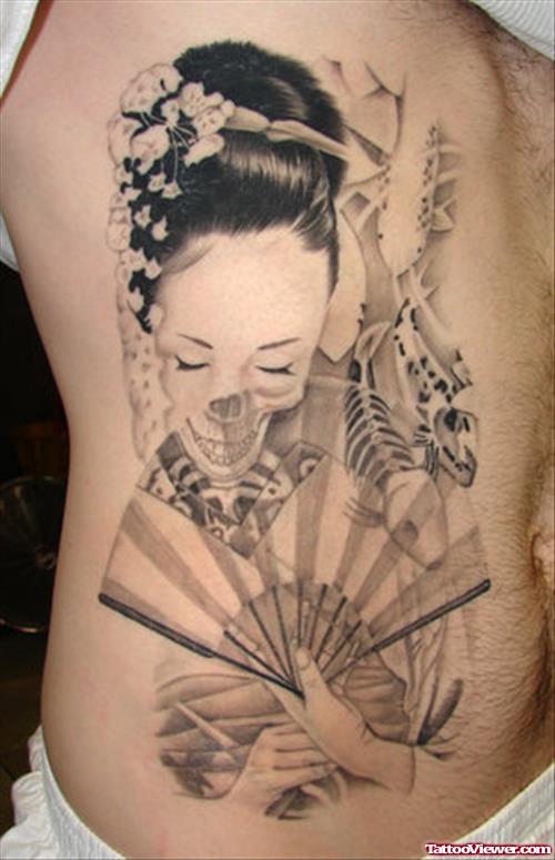 Grey Ink Japanese Geisha Tattoo On Back
