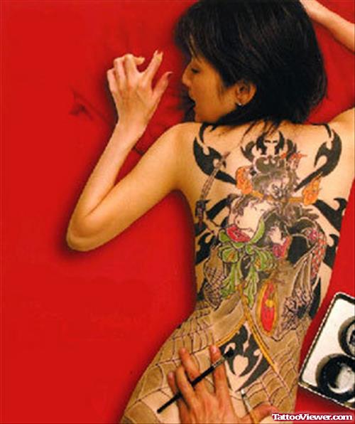 Colored Japanese Tattoo On Girl Full Back