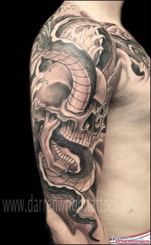 Grey Ink Skull And Snake Japanese Tattoo On Right Half Sleeve