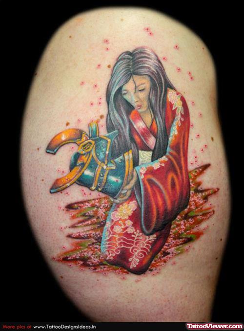 Colored Japanese Geisha Girl Tattoo