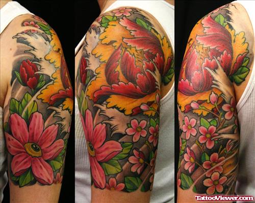Color Flowers Japanese Tattoo On Right Half Sleeve