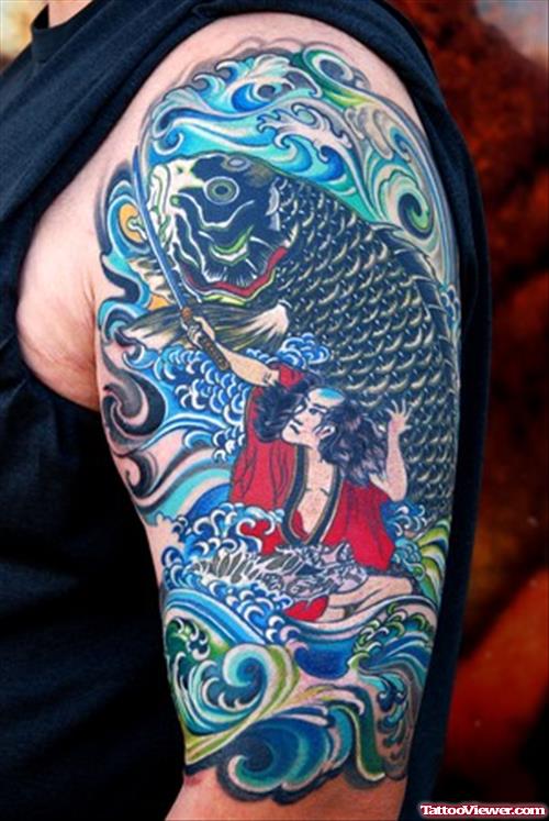 Blue Ink Japanese Tattoo On Left Half Sleeve