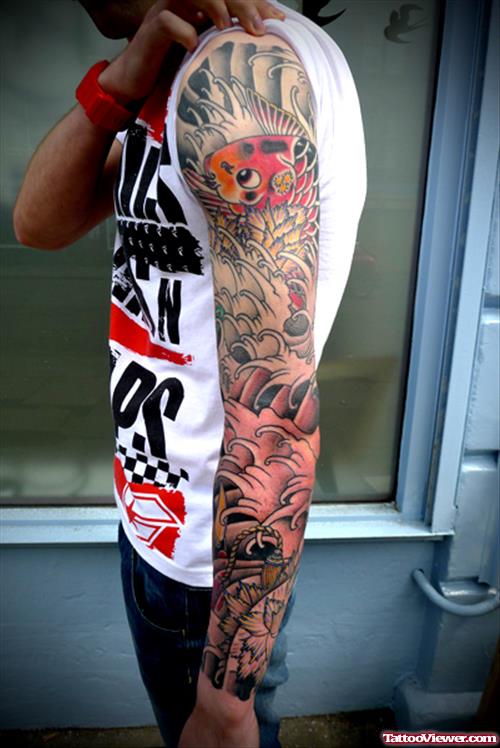 Amazing Japanese Tattoo On Left Sleeve