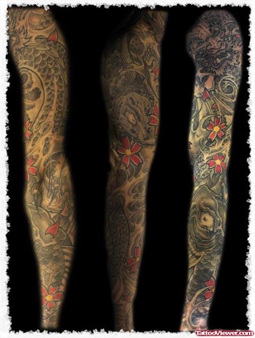 Grey Ink Japanese Full Sleeve Tattoo For Men