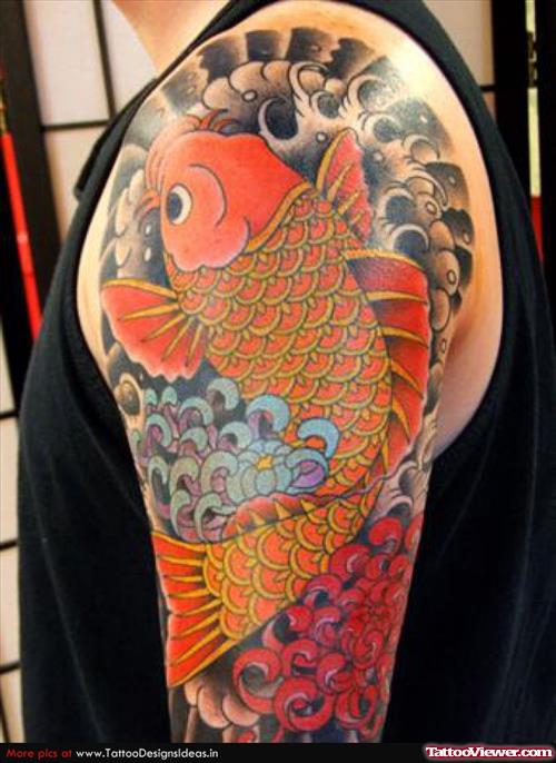 Color Ink Japanese Koi Tattoo On Left Half Sleeve