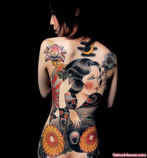 Awesome Color Ink Japanese Geisha Tattoo On Back