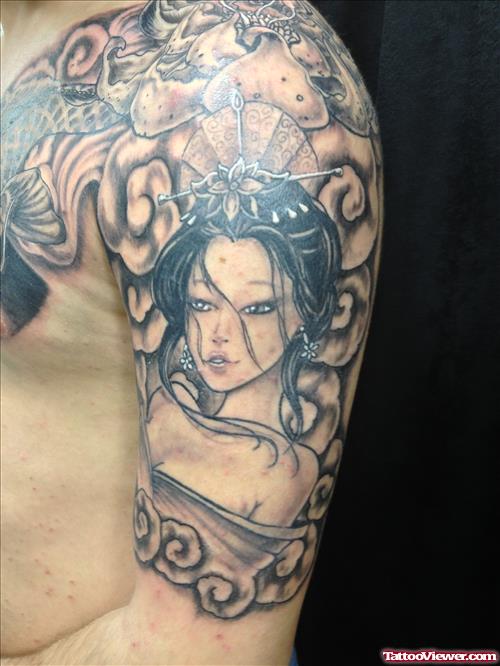 Grey Ink Traditional Geisha Tattoo On Left Half Sleeve