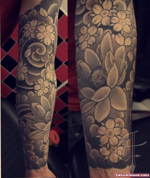 Grey Ink Japanese Flowers Tattoos On Sleeve