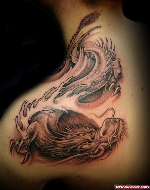 Grey Ink Japanese Dragon Tattoo On Left Back Shoulder