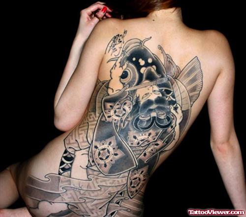 Grey Ink Japanese Fish Tattoo On Back