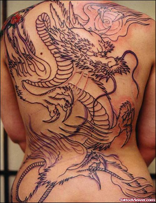 Grey Ink Japanese Dragon Tattoo On Back Body