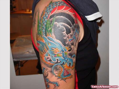 Color Japanese Dragon Tattoo On Right Half Sleeve