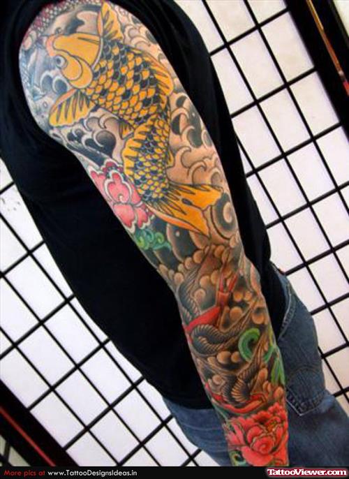 Awful Colored Japanese Tattoo On Full Sleeve