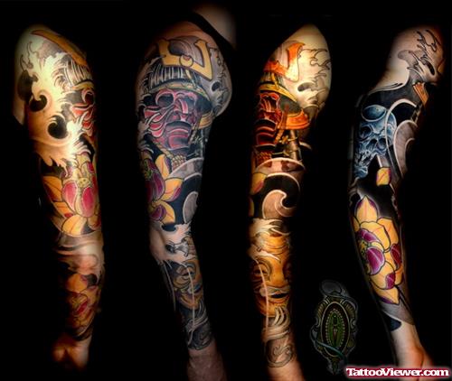 Awesome Colored Japanese Tattoo On Right Sleeve