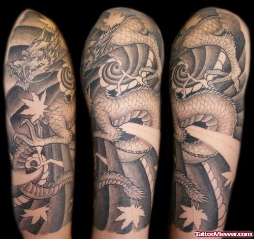 Amazing Grey ink Japanese Dragon Tattoo On Half Sleeve