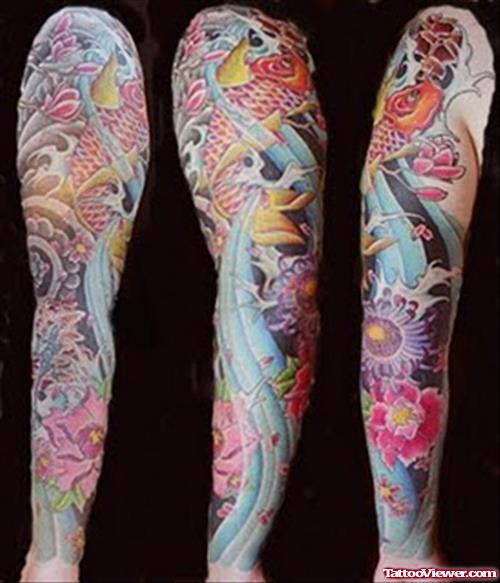 Amazing Colored Japanese Sleeve Tattoo