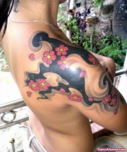 Japanese Flowers Shoulder Tattoo