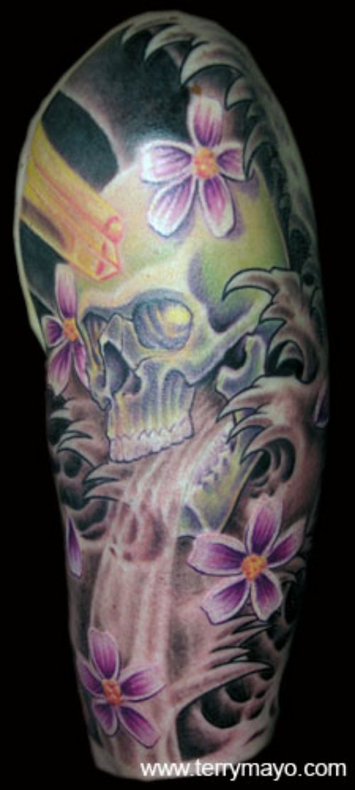 Skull And Purple Flowers Japanese Tattoo Design