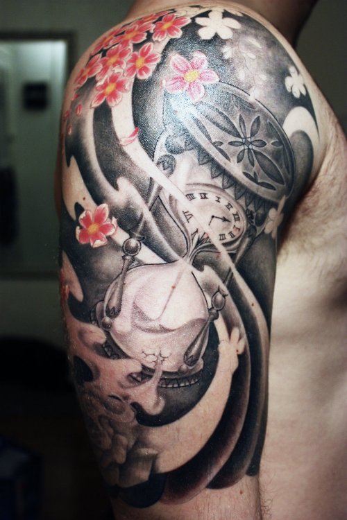 Awesome Grey Ink Japanese Tattoo On Man Right Half Sleeve