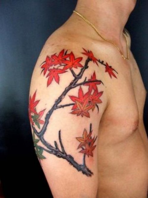 Maple Leaves Japanese Tattoo On Right Shoulder