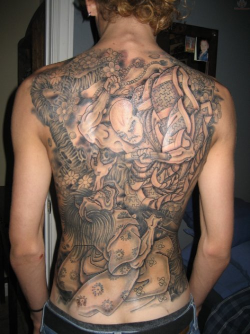 Awesome Grey Ink Japanese Tattoo On Back