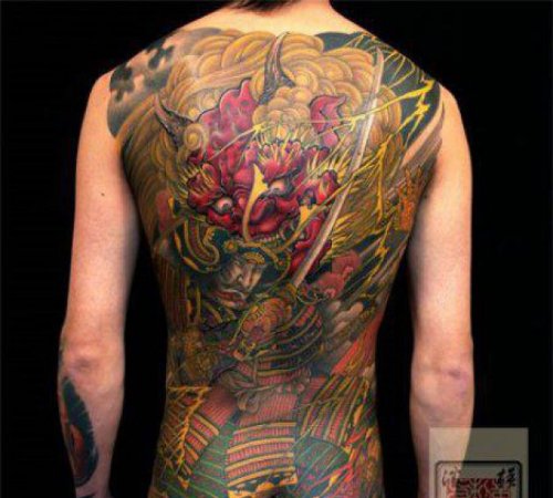 Colored Japanese Tattoo On Man Back Body