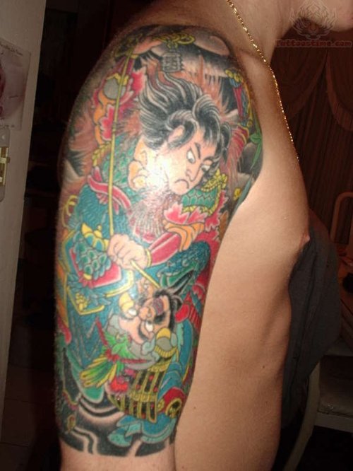 Amazing Colored Samurai Japanese Tattoo On Right Half Sleeve