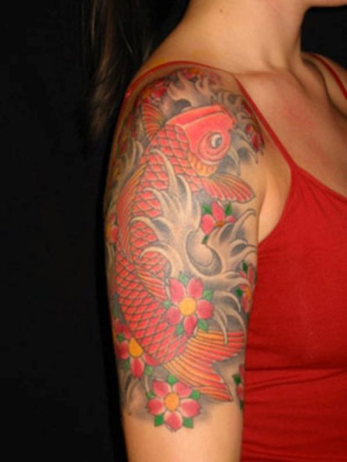 Japanese Koi Fish Tattoo On Right Half Sleeve