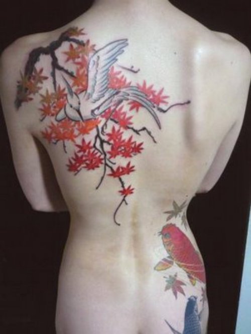 Japanese Birds And Maple Leafs Tattoo On Back