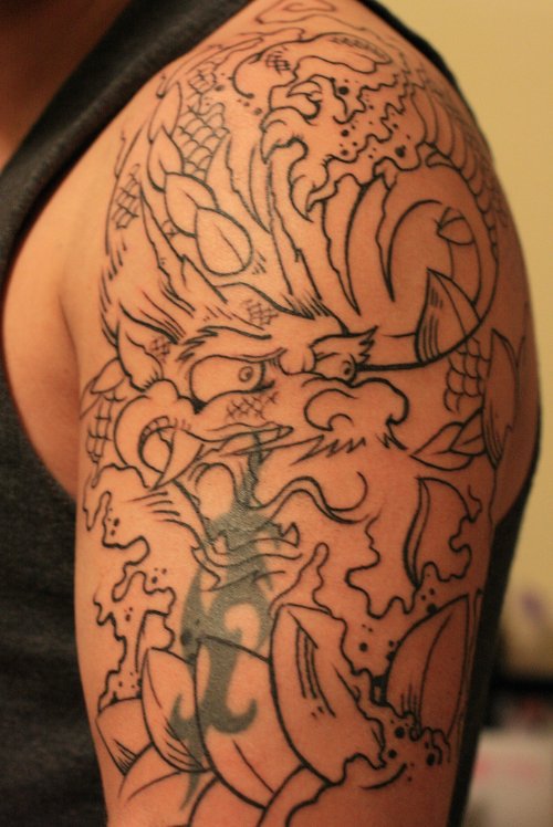 Outline Japanese Dragon Tattoo On Left Half Sleeve