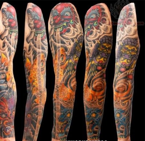 Classic Colored Japanese Tattoo On Full Sleeve