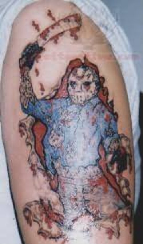 Color Ink Jason Voorhees Tattoo On Half Sleeve