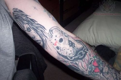 Jason Vorhees Grey Ink Tattoo On Left Sleeve