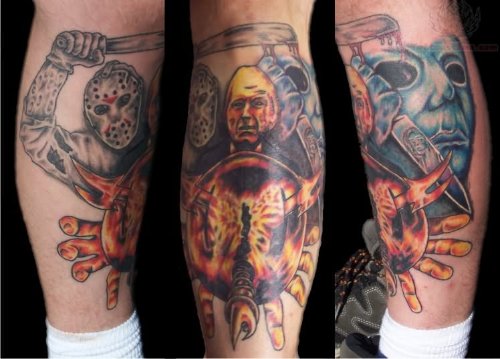 Jason And Michael Tattoo On Leg