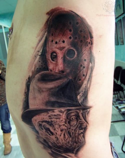 Side Rib Freddy Krueger And Jason Voorhees Tattoo