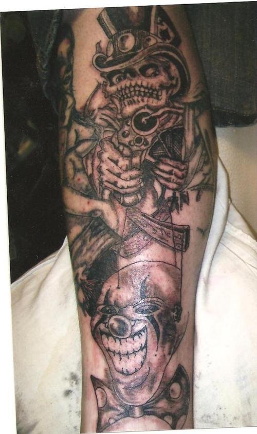 Dark Ink clown And Jester Tattoo On Sleeve