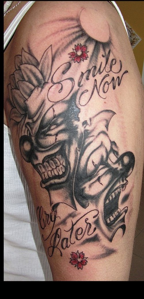 smile Now Cry Later Clown Masks Jester Tattoo On Half Sleeve