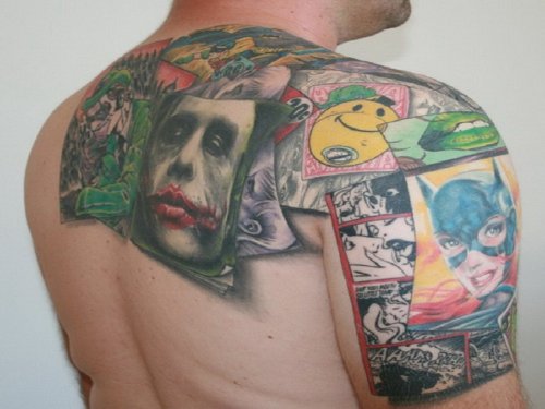 Awesome Colored Jester And Animated Tattoos On Back