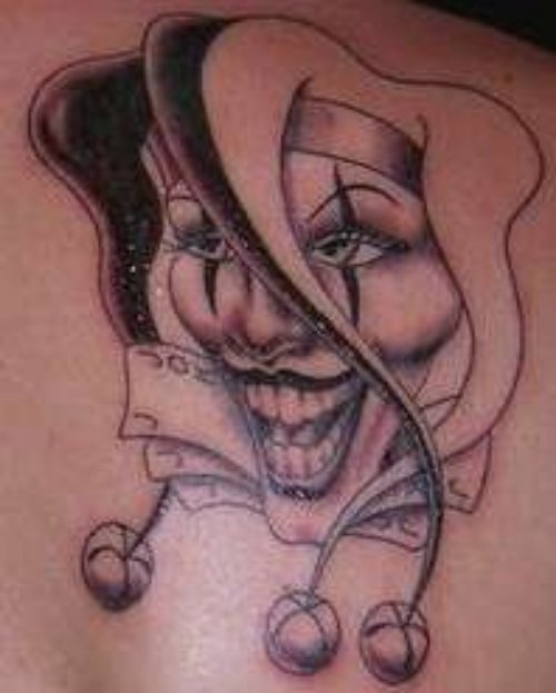 Grey Ink Jester Girl Head Tattoo