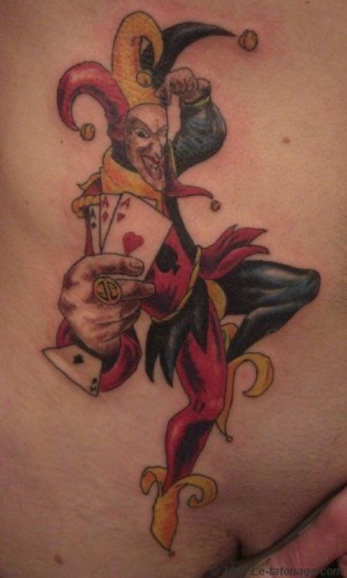 Color Jester With Cards Tattoo On Back Shoulder