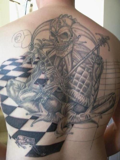 Grey Ink Jester Tattoo On Man Full BAck