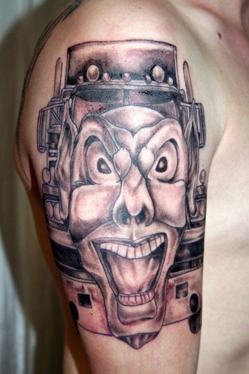 Grey Ink Excited Jester Tattoo On Man Right HAlf Sleeve