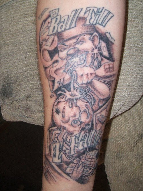 Grey Ink Jester Tattoo On Sleeve