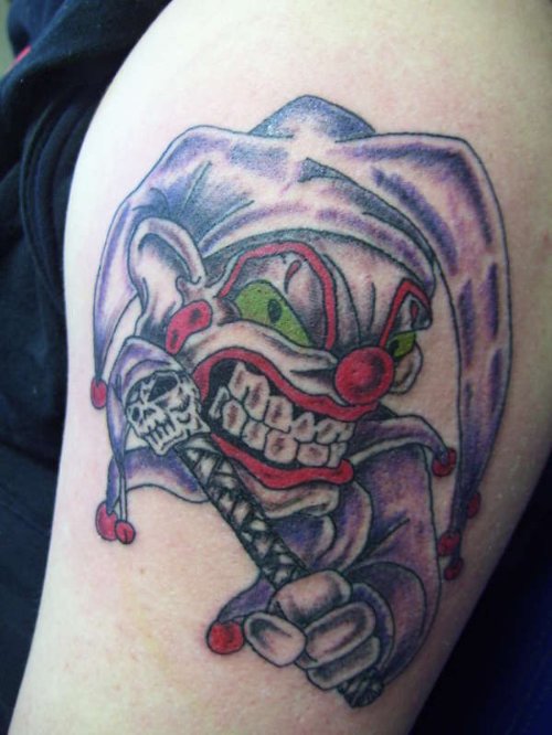 Colored Jester Tattoo On Shoulder