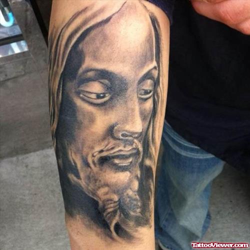 Grey Ink 3D Jesus Tattoo On Right Arm