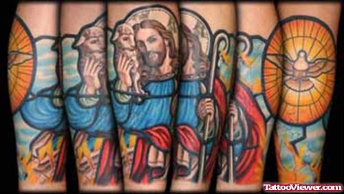 Colored Jesus Tattoo on Full Sleeve