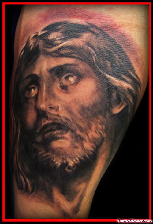 Awesome Grey Ink Jesus Head Tattoo For Men