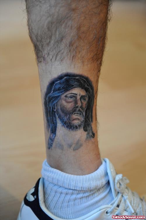 Jesus Head Tattoo On Leg