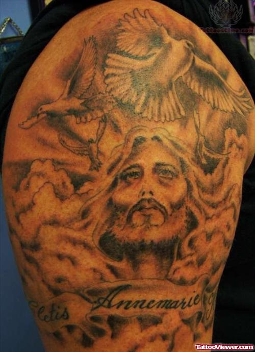 Flying Birds And Jesus Head Tattoo On Shoulder