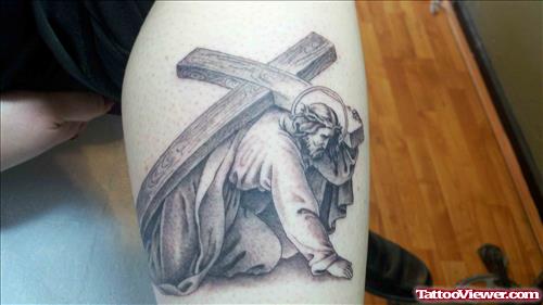 Cross And Jesus Tattoo On Leg